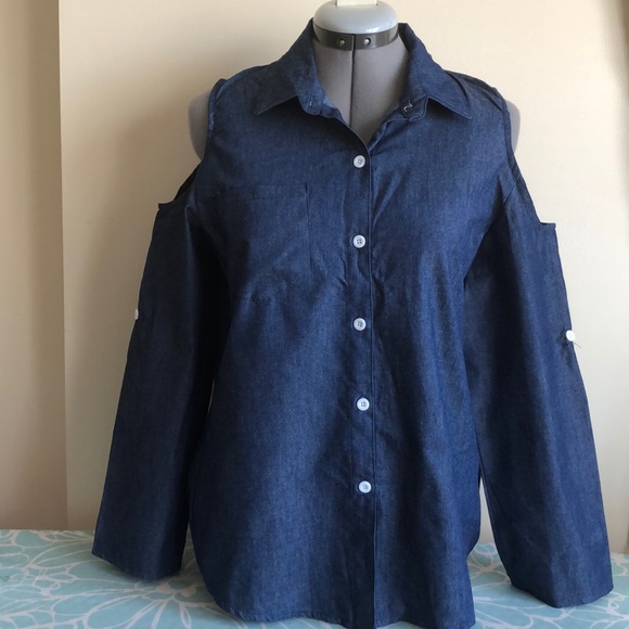Cold Shoulder Button Down Jean Shirt - Picture 3 of 7